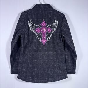 Cowgirl Hardware Black Jacket Pink Trim Wings Cross Full Zip Size Medium C2